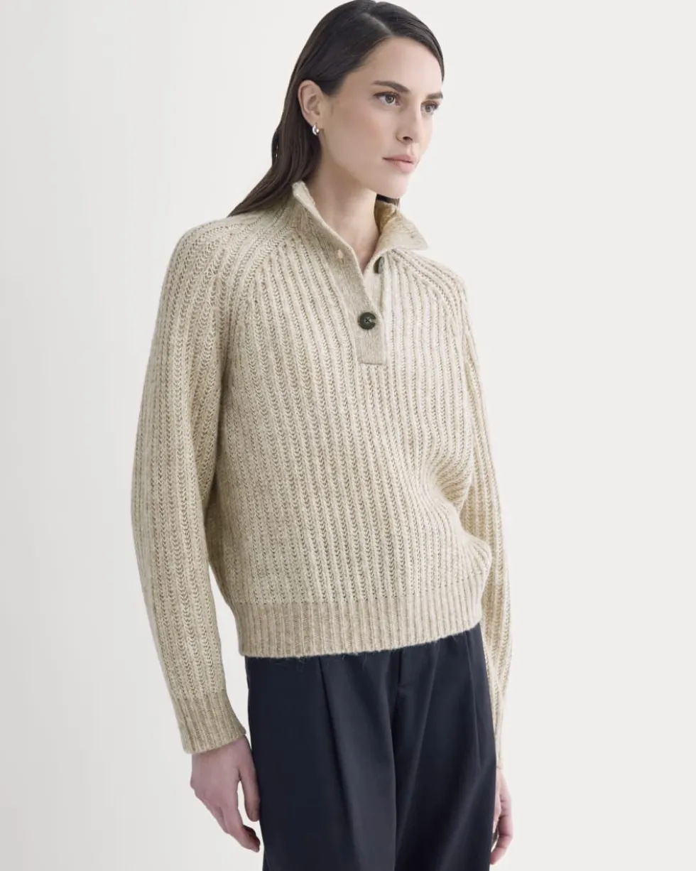 Funnel-Neck Ribbed Henley Sweater