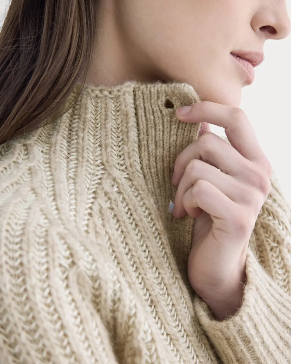 Funnel-Neck Ribbed Henley Sweater