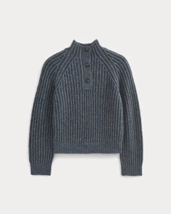 Funnel-Neck Ribbed Henley Sweater