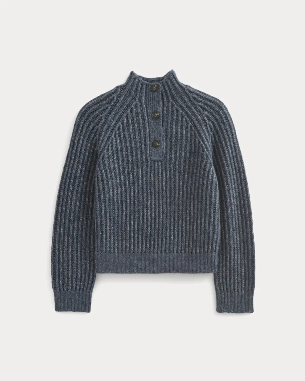 Funnel-Neck Ribbed Henley Sweater
