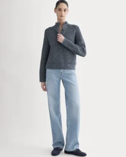 Funnel-Neck Ribbed Henley Sweater