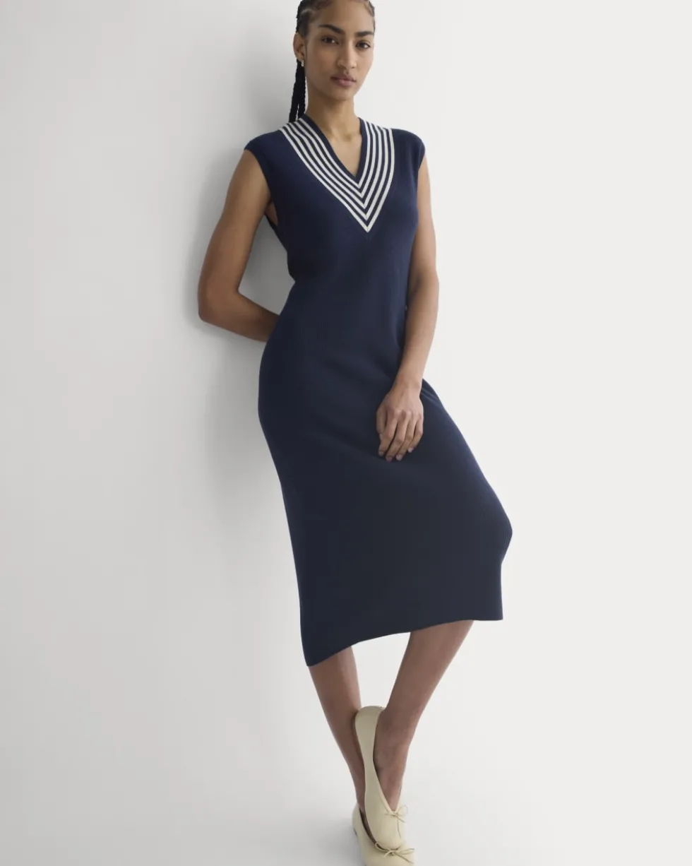 Relaxed V-Neck Midi Sweater Dress in Cotton Merino