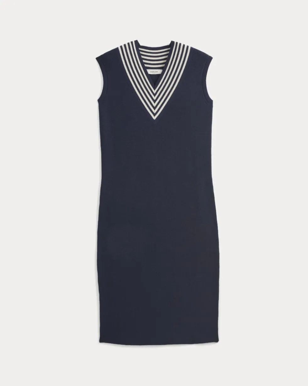 Relaxed V-Neck Midi Sweater Dress in Cotton Merino