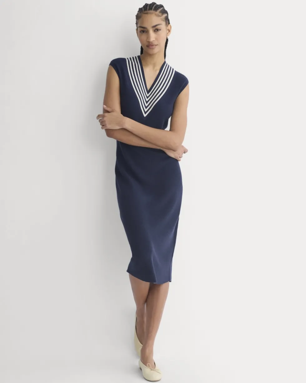 Relaxed V-Neck Midi Sweater Dress in Cotton Merino