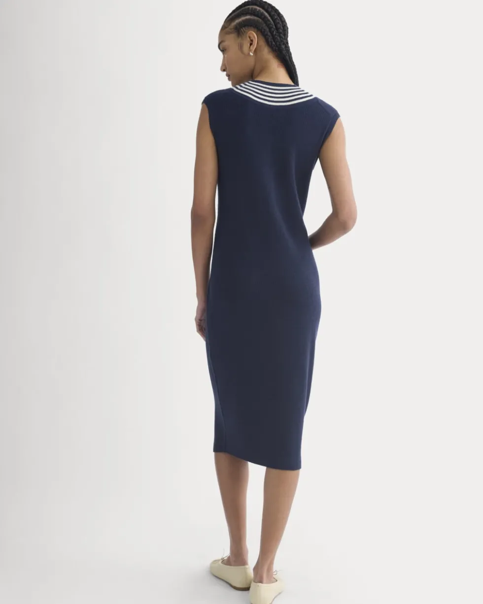 Relaxed V-Neck Midi Sweater Dress in Cotton Merino