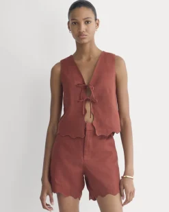 Tie-Front Scallop Tank in Linen